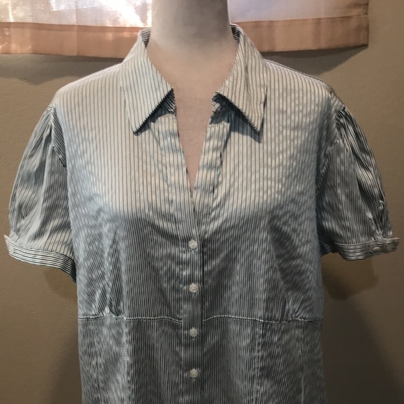 Worthington Striped Cotton Blend Blouse Button Front Short Sleeves Round Hem-2X - Picture 6 of 13